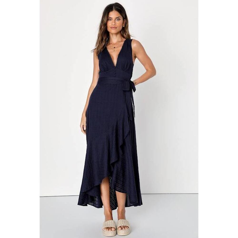 Lulus Stylish Sight Navy Blue Textured Ruffled Belted Midi Dress - Size XS